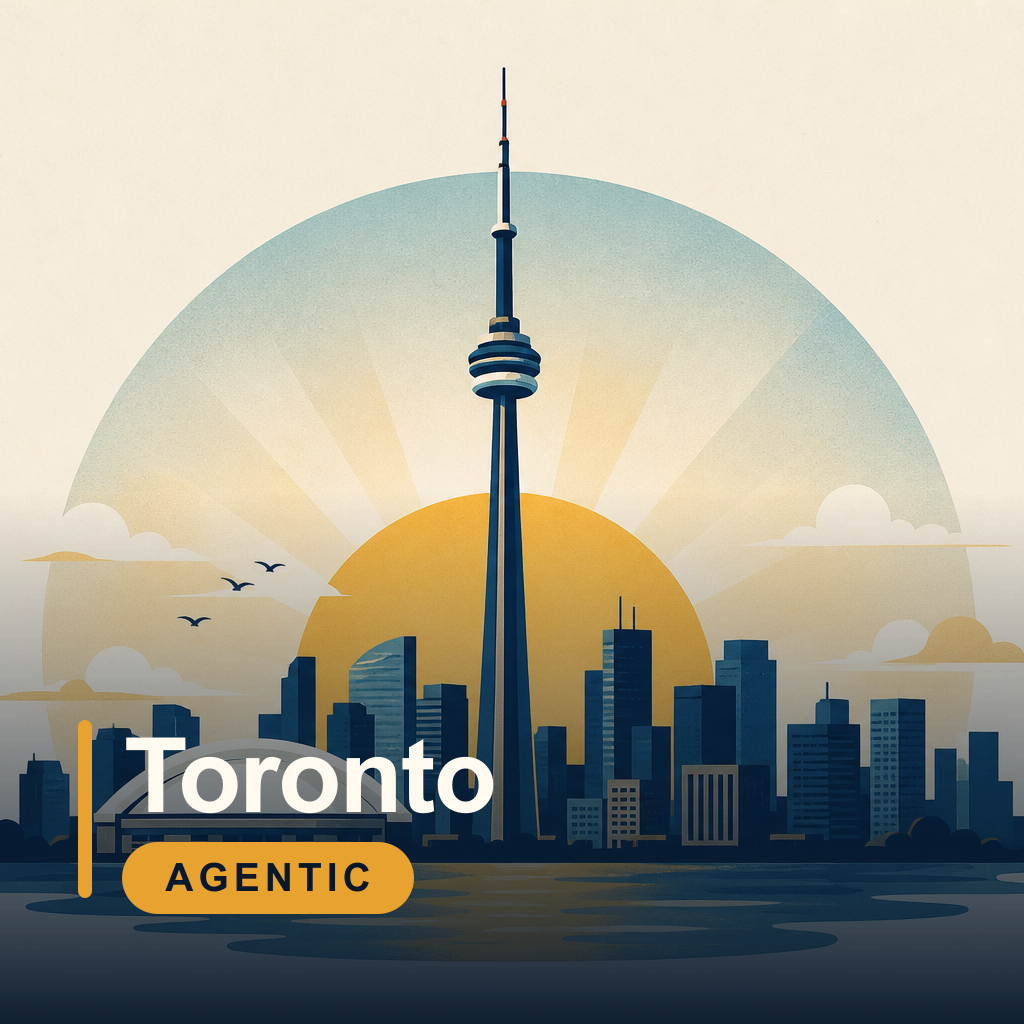 Illustration of the Toronto skyline with the CN Tower and a rising sun
